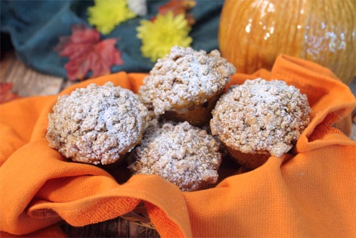 chocolate-chip-pumpkin-muffins-in-basket | 2 Cookin Mamas