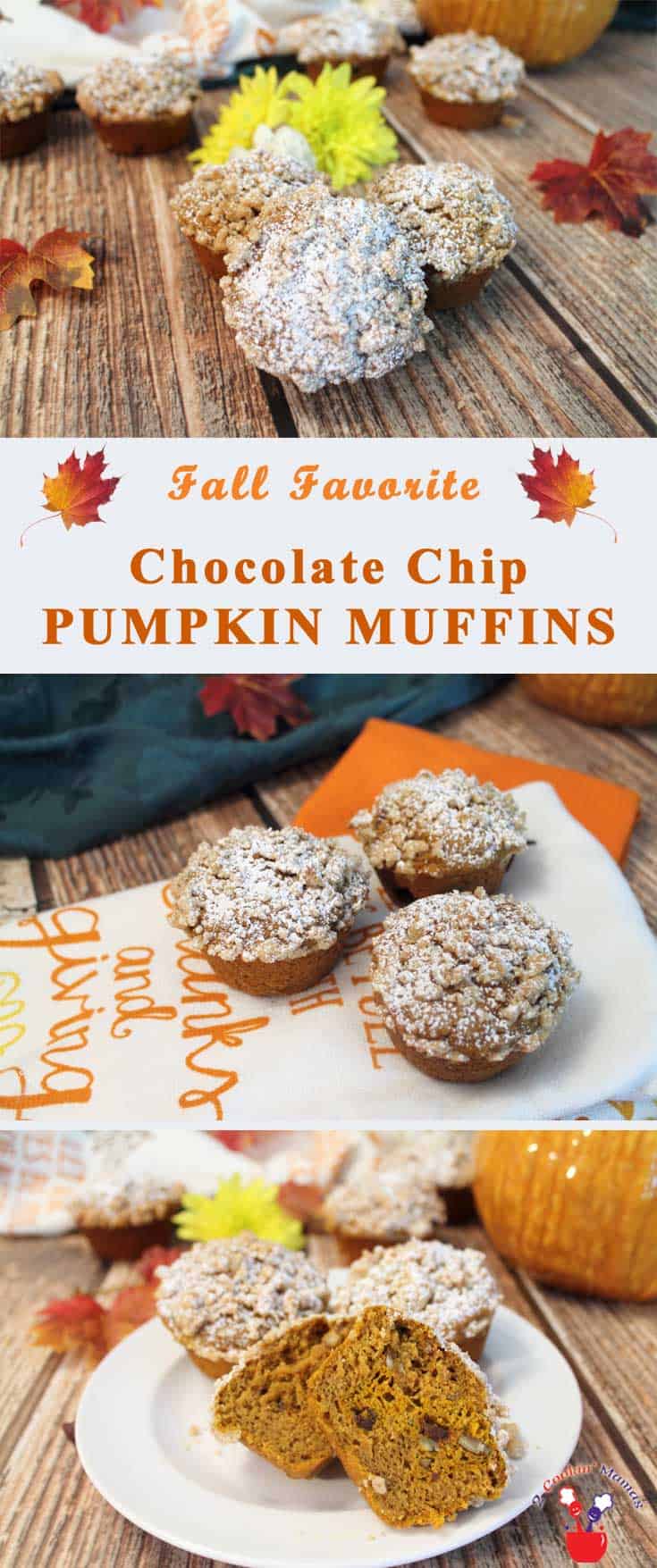 Nothing says fall like chocolate chip pumpkin muffins! They are moist, delicious and full of pumpkin flavor with loads of crumbs sprinkled on top. #muffins #breakfast #pumpkin #fallflavors #recipe