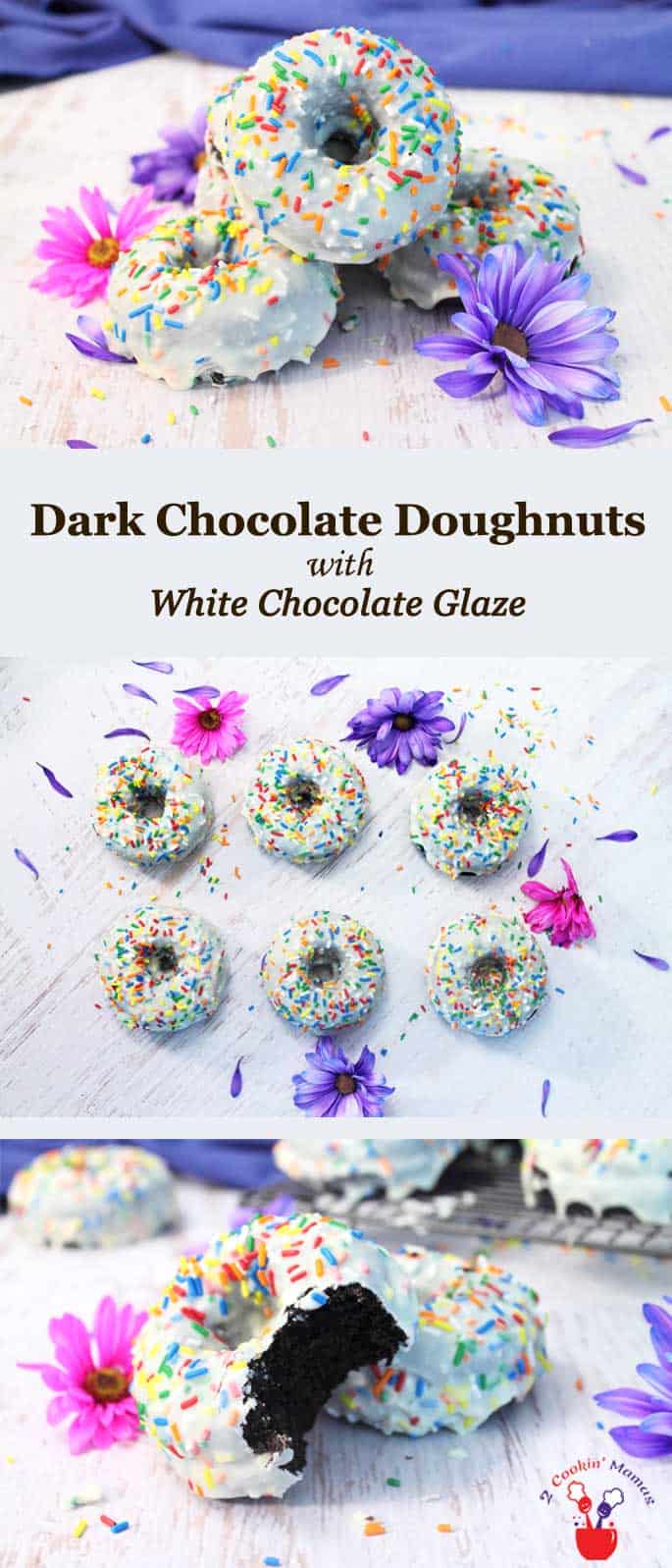 Dark Chocolate Doughnuts with White Chocolate Glaze | 2 Cookin Mamas If you're a chocolate lover, you'll love these dark chocolate doughnuts. They bake up so moist that you almost don't need the white chocolate glaze. But go ahead and do it anyway. And there's a gluten-free version too! #recipe