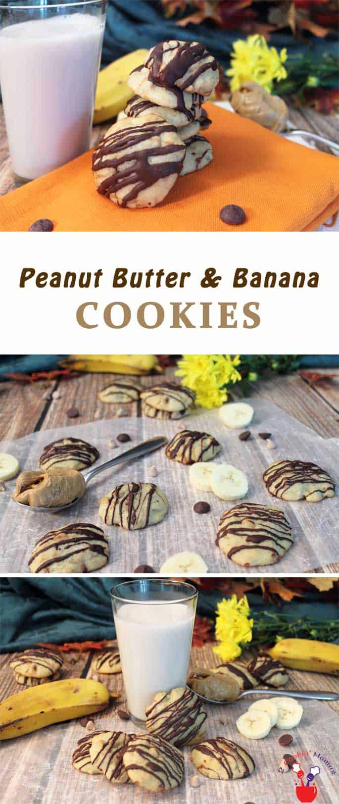 These cookies take peanut butter & banana to a whole new level! Chewy banana bread-like cookies are stuffed with peanut butter chips then drizzled with dark chocolate. Yum! #cookies #banana #peanutbutter #recipe