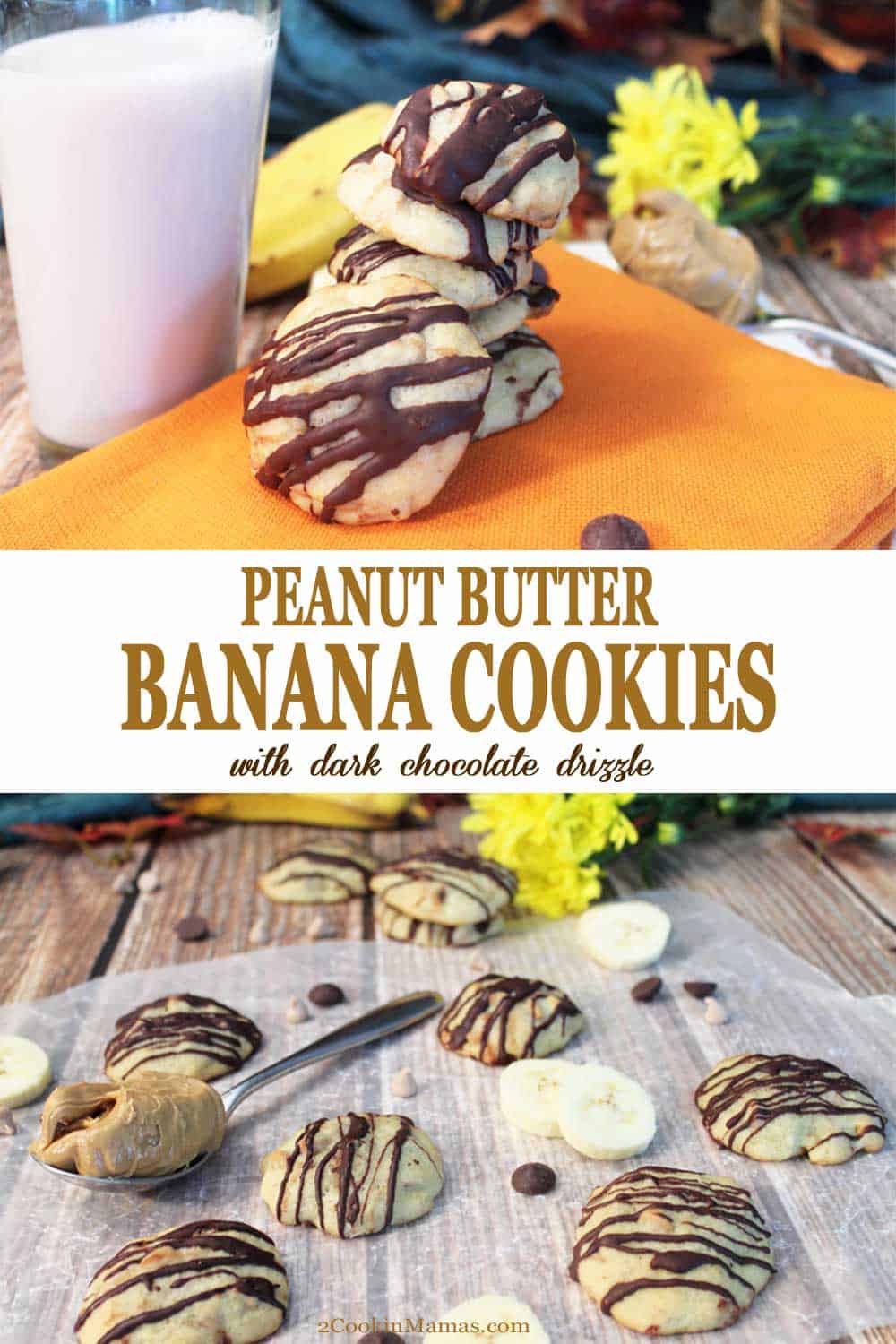 These Peanut Butter Banana Cookies take the combo of peanut butter & banana to a whole new level! Chewy banana bread-like cookies are stuffed with peanut butter chips then drizzled with dark chocolate. Yum! #cookies #bananas #peanutbutter #recipe #chocolate