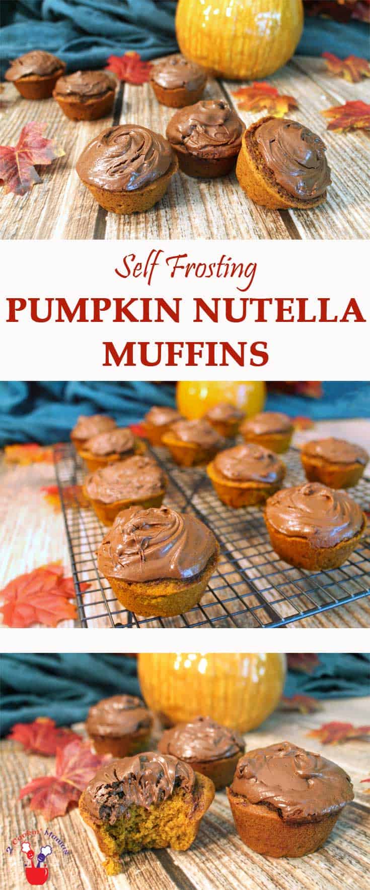 Amazing Pumpkin Nutella Muffins frost themselves as they bake! Rich pumpkin pie flavor & topped with an instant Nutella frosting, they're a mouthful of yum! #muffins #pumpkinmuffins #nutellafrosting #nutellamuffins