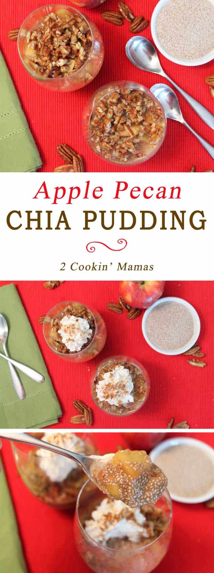 Apple Pecan Chia Pudding | 2 Cookin Mamas This pudding can be breakfast or dessert! Chia seeds are flavored with maple syrup and apple cider then topped with cinnamon apples and pecans for the ultimate sweet healthy treat.