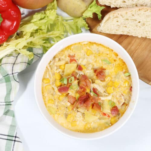 Chicken corn Chowder with garnish of bacon.
