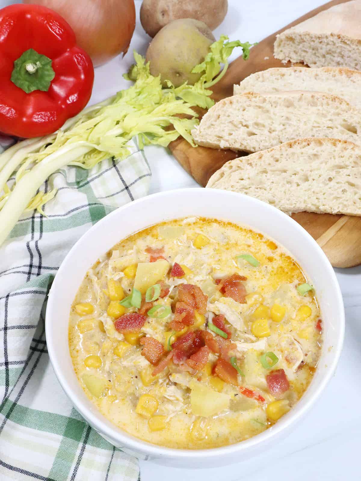 Creamy Chicken Corn Chowder with garnish.