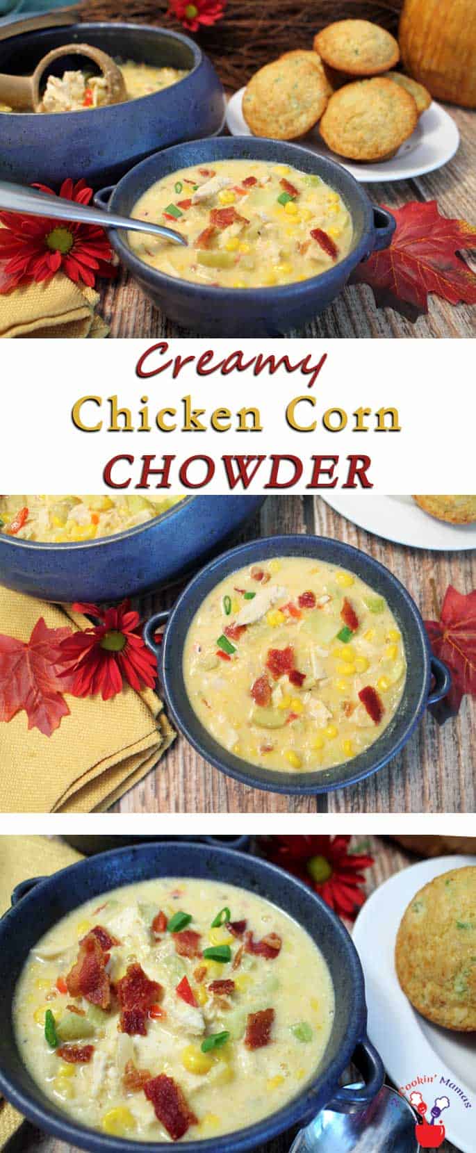 Warm up with this rich & creamy chicken corn chowder. A quick & healthy dinner, full of protein & vegetables, that can be on the table in 30 minutes. #cornchowder #soup #chicken #lowfat #recipe