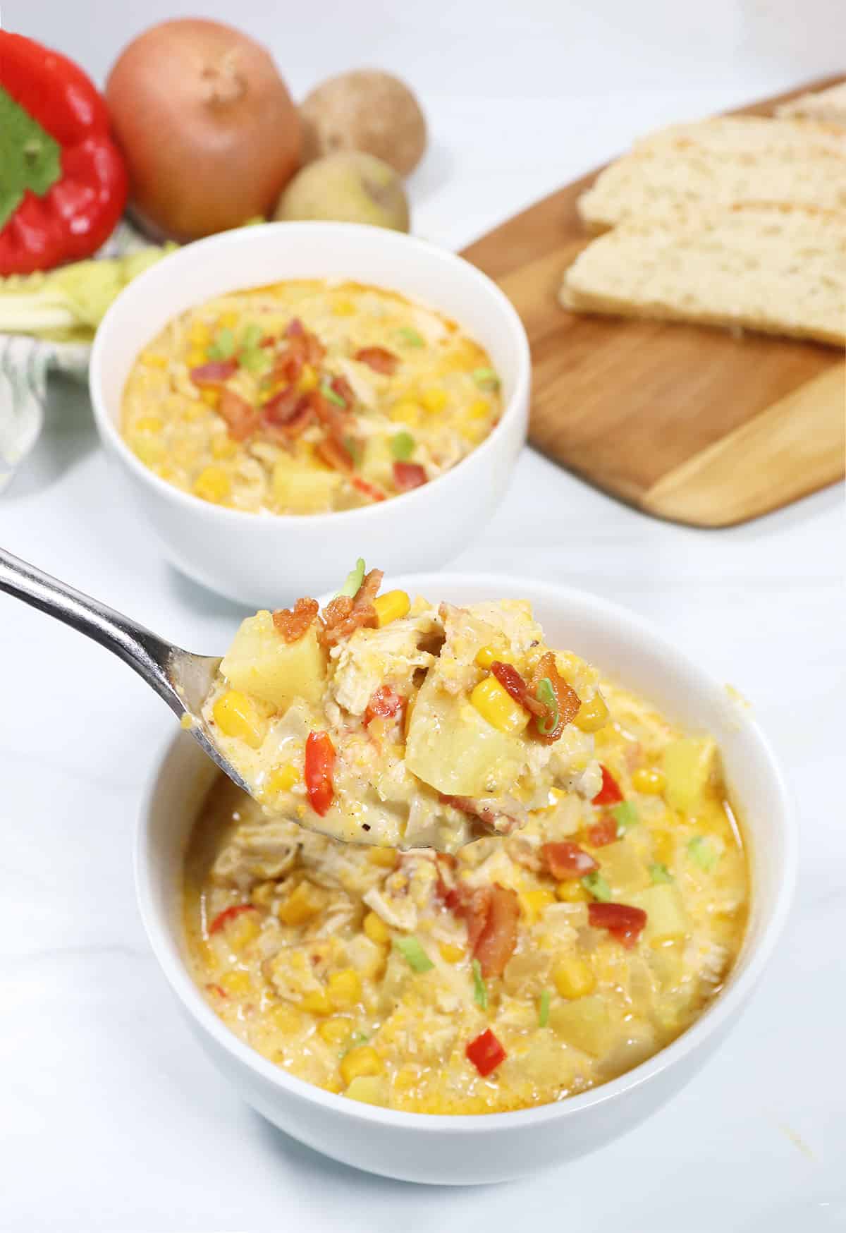 Spoonful of Chicken Corn Chowder soup.