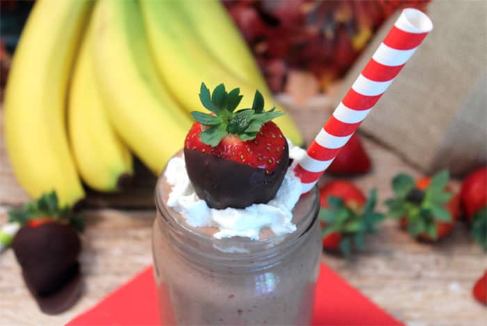 Chocolate Covered Strawberry Smoothie closeup | 2 Cookin Mamas
