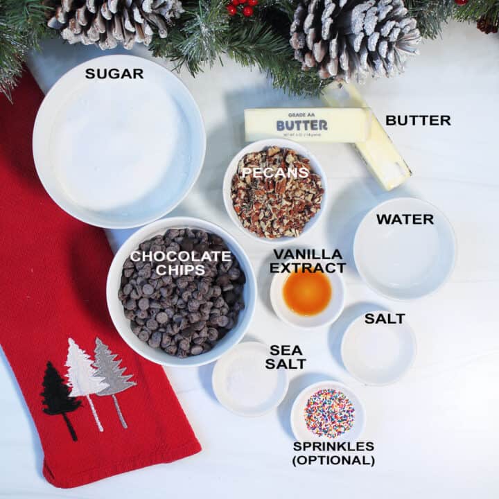 Labeled ingredients for toffee on white table.