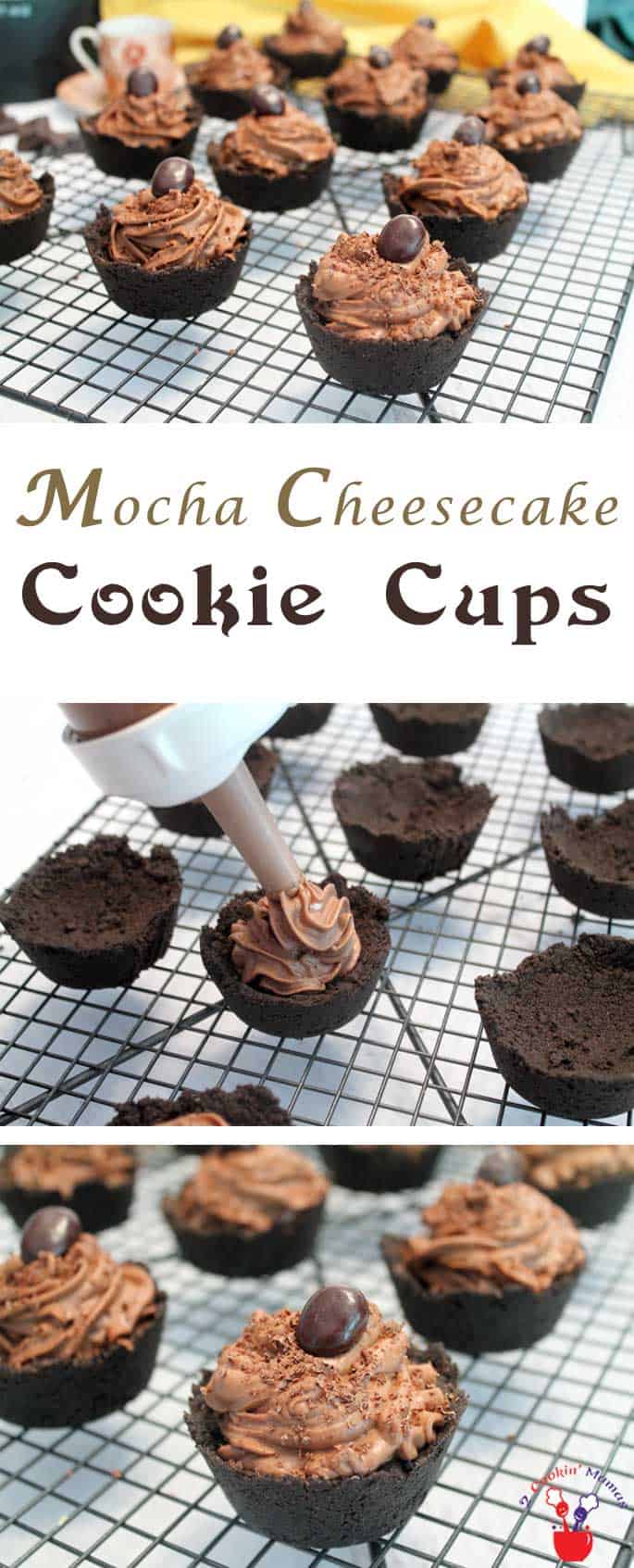 Deliciously decadent mocha cheesecake is a rich cream cheese mixture flavored with coffee and chocolate. It's the perfect filling to pile inside these dark chocolate cookie cups or just to eat by itself. Sure to be a hit for your next party! #dessert #cheesecake #cookiecups #recipe #mocha