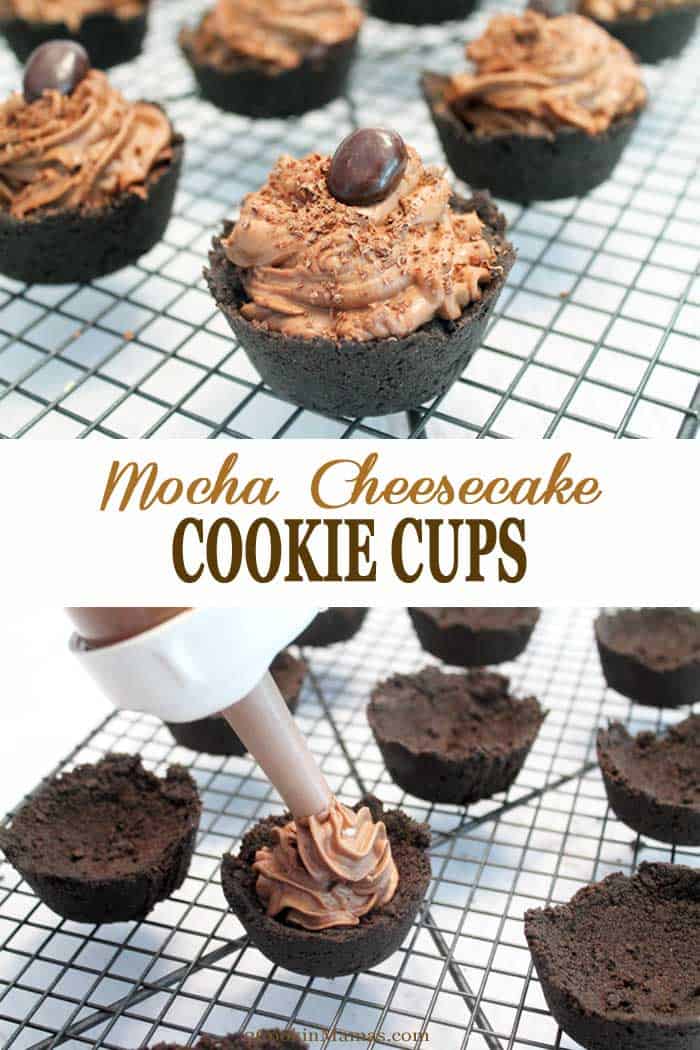 Mocha Cheesecake Cookie Cups | 2 Cookin Mamas These decadent Mocha Cheesecake Cookie Cups are filled with a deliciously rich mocha cheesecake filling that's flavored with coffee and chocolate. It's the perfect filling to pile inside dark chocolate cookie cups or, go ahead, and just eat it all by itself. Perfect for Valentine's Day or your next party! #dessert #chocolate #mocha #cheesecake #cookiecups #recipe #ValentinesDay #partyfood