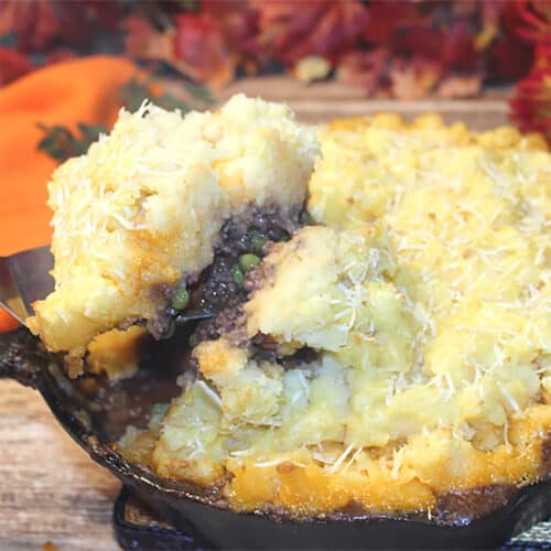 Lifting serving out of cast iron skillet.