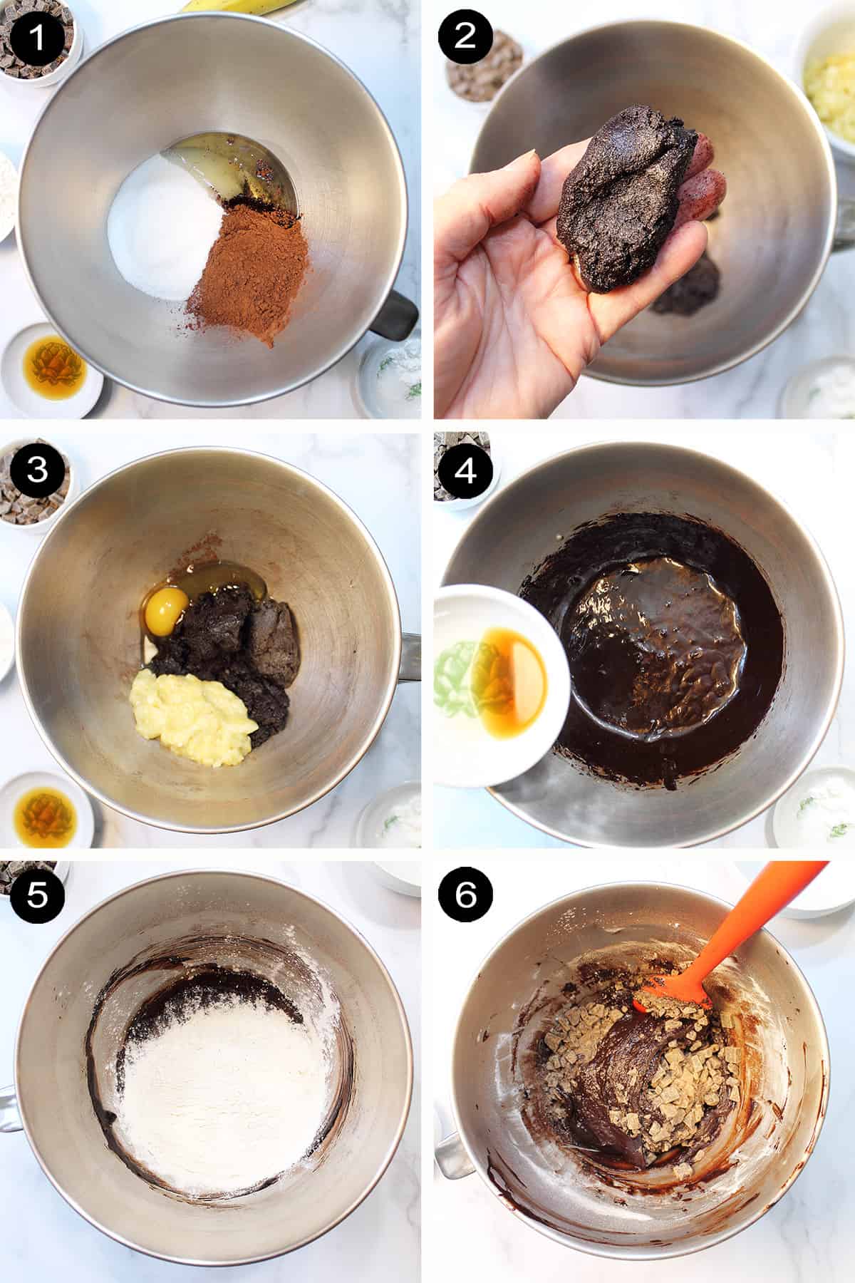Collage of prep steps for making double chocolate crinkle cookies.