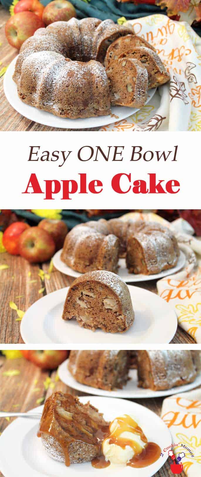 This One Bowl Apple Cake is as easy as 1-2-3. Just mix, bake & enjoy the rich flavors of apples & cinnamon. #cake #dessert #apples #recipe #quickandeasy