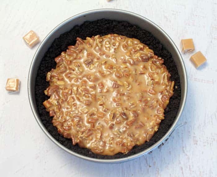 Salted Caramel Pecan Chocolate Pie caramel pecan layer | 2 Cookin Mamas