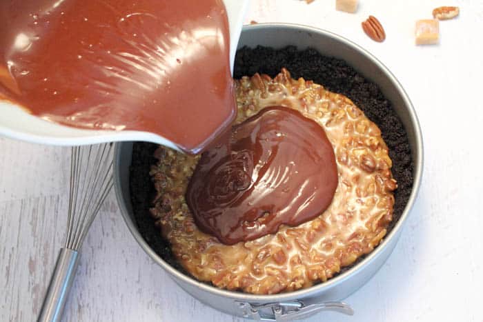 Salted Caramel Pecan Chocolate Pie chocolate ganache | 2 Cookin Mamas