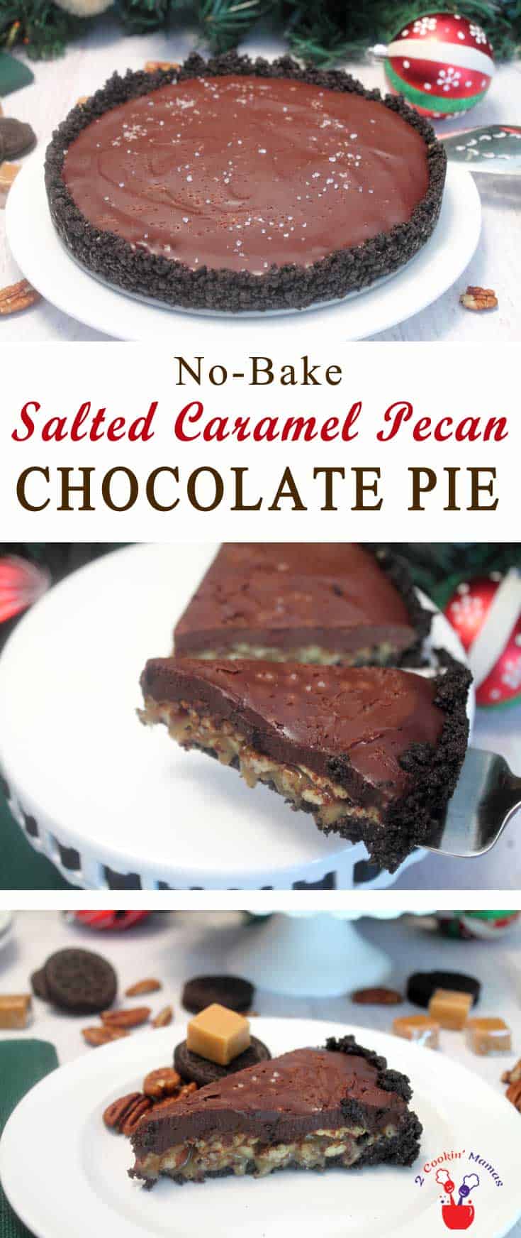 Salted Caramel Pecan Chocolate Pie | 2 Cookin Mamas A deliciously decadent pie with a crust of Oreos, a layer of caramel pecans topped with rich chocolate ganache & a sprinkle of sea salt. #recipe