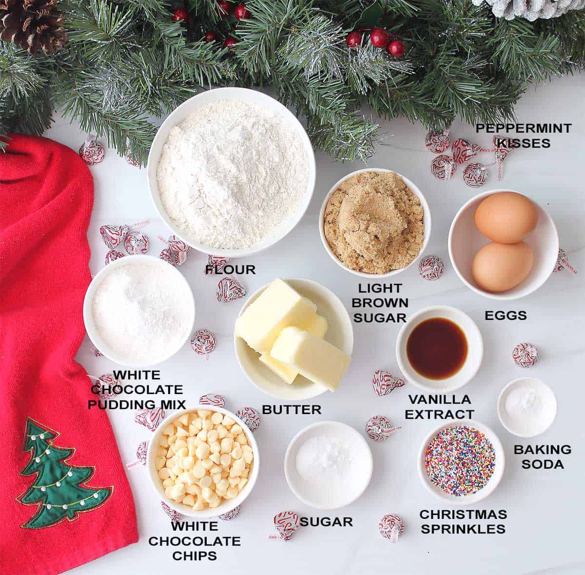 Ingredients for Peppermint Kiss Cookies.