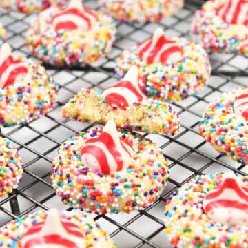 Closeup of Peppermint Kiss Cookies on cooling rack.