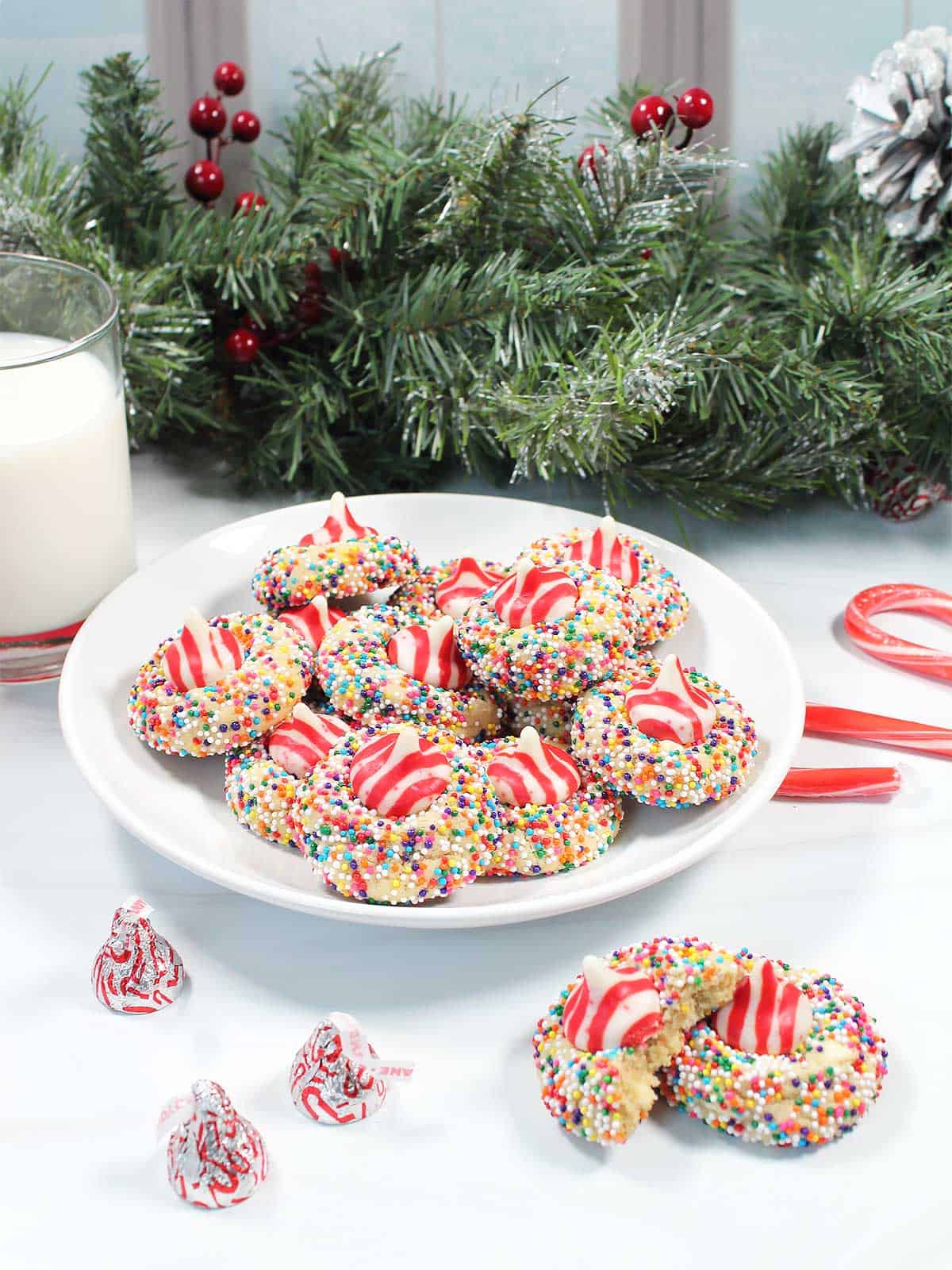 Plated White Chocolate Peppermint Kiss Cookies.