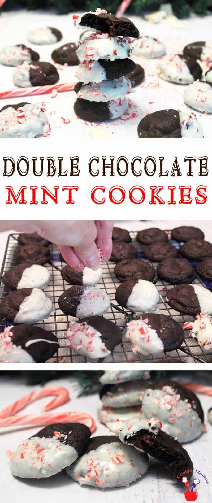 Soft, rich chocolate cookies filled with mint chocolate chips, dipped in white chocolate & sprinkled with crunchy candy cane pieces. Yum! #cookies #christmascookies #recipe #chocolate