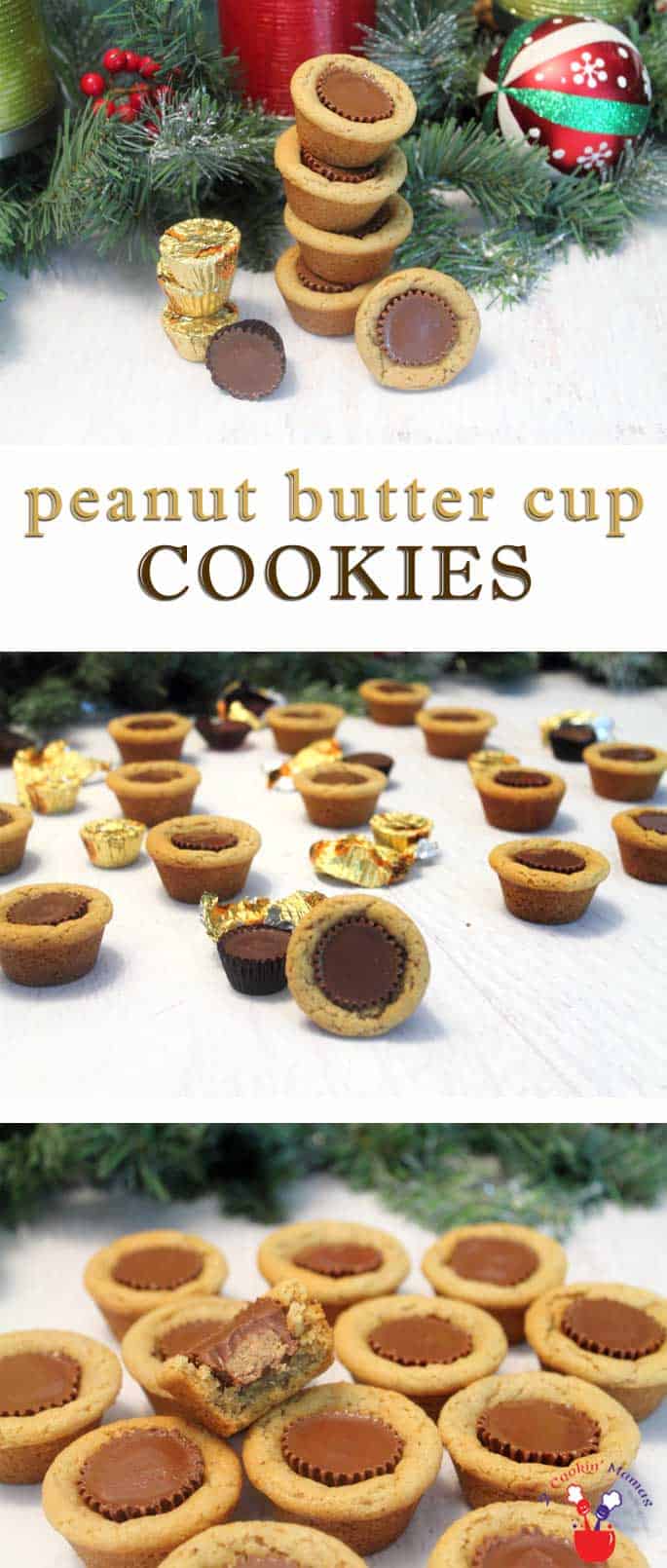 These Peanut Butter Cup Cookies are a candy & a cookie rolled into one. A soft & chewy peanut butter cookie surrounds a mini peanut butter cup. Yum! #cookies #peanutbutter #christmascookies