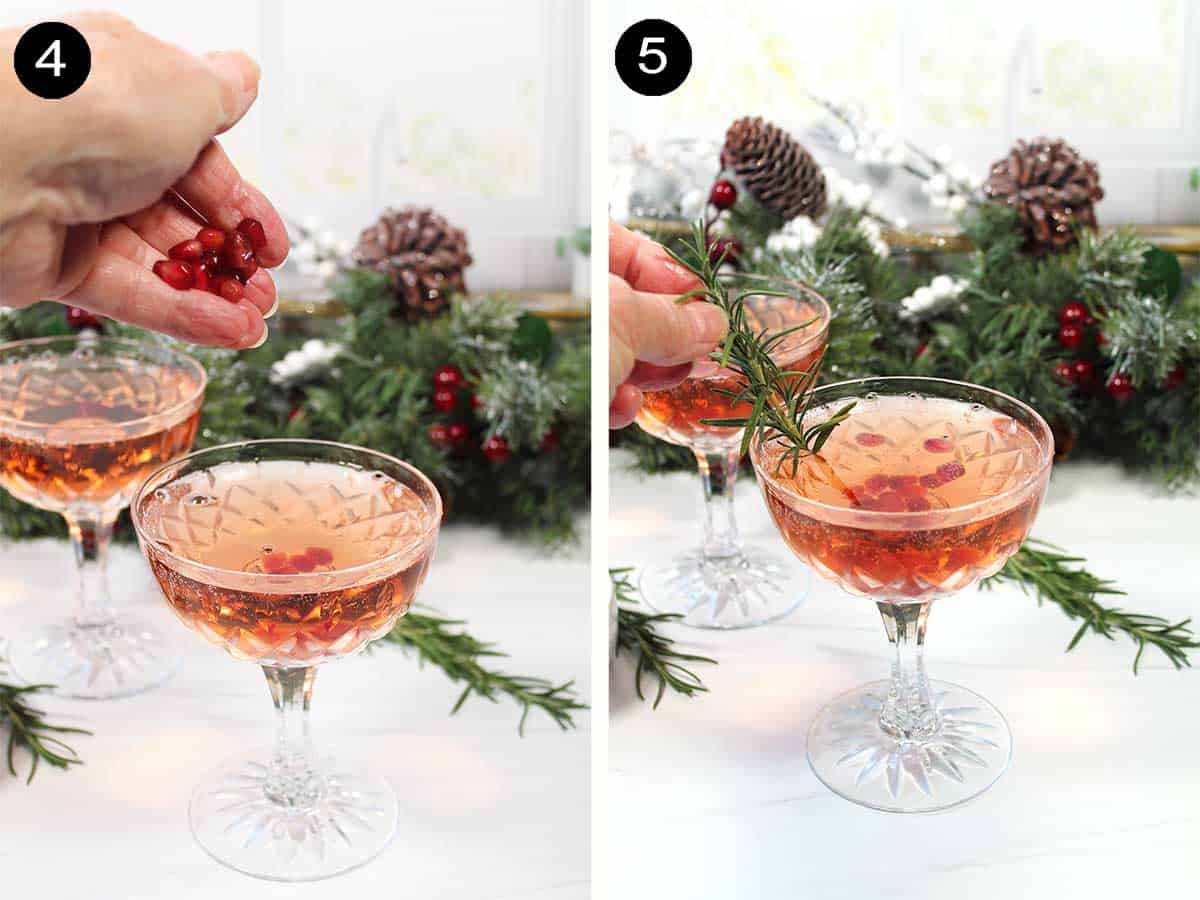 Garnishing cocktails with pomegranate arils and rosemary.