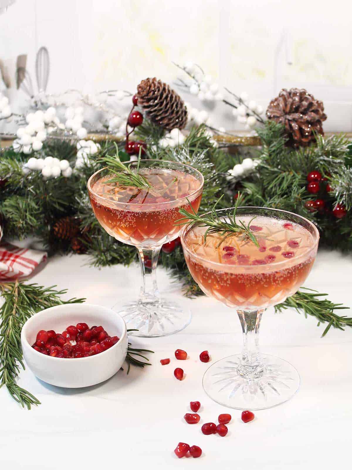 Two sparkling cocktails with garnishes.