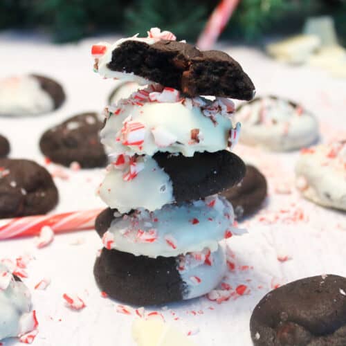 Stacked chocolate chip mint cookies.