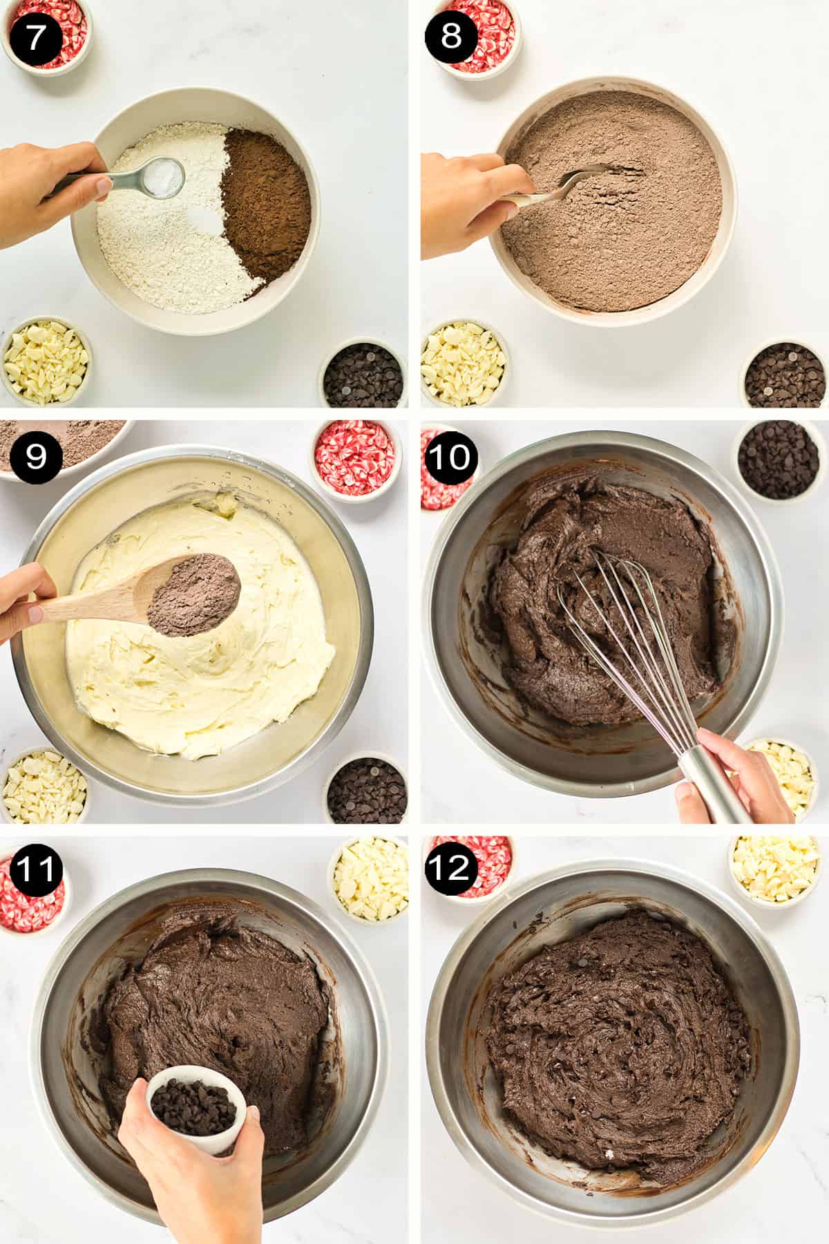 Steps 7-12 to make chocolate mint chip cookies.