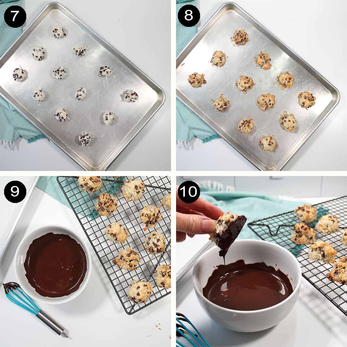 Making cookies and dipping in chocolate steps.