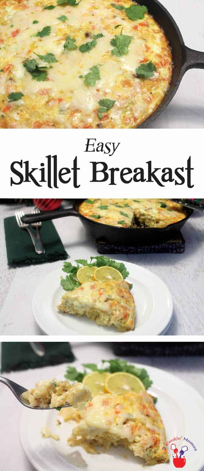 Make an easy breakfast skillet with only 6 ingredients & one pan! Mix bacon, eggs, hash browns, salsa & cheese then bake - yum! #breakfast #eggs #recipe #bacon #hashbrowns