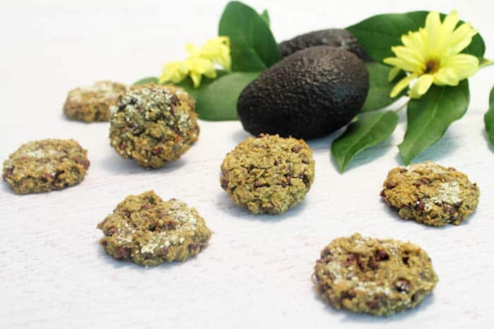 Avocado Oatmeal Chocolate Chip Cookies, avocados, and flowers