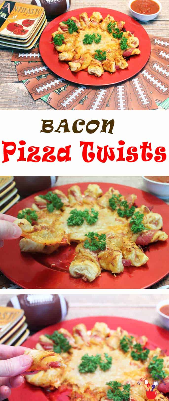 Puff Pastry Bacon Pizza Twists bring all the flavor of pizza to the party with a touch of bacon. An easy to make pull-apart appetizer that's always popular. #appetizer #pizza #bacon #recipe #footballmunchies