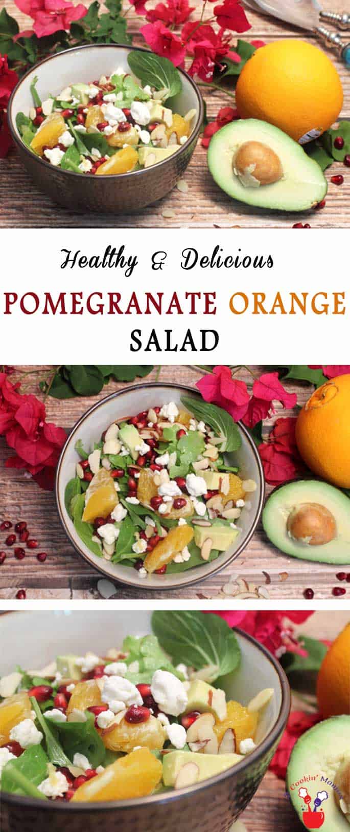 Pomegranate Orange Salad main | 2 Cookin Mamas Our Pomegranate Orange Salad is colorful, light & healthy. Oranges,pomegranate seeds, avocado & almonds are tossed with a light dressing for a tasty side. #recipe