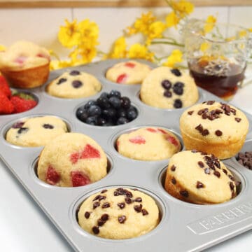 Variety of pancake muffins in muffin tin.