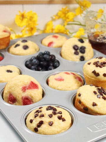 Variety of pancake muffins in muffin tin.