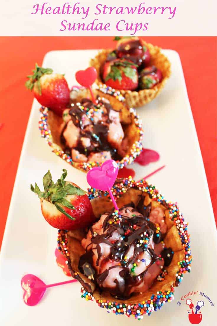 Healthy Strawberry Sundae Cup pin | 2 Cookin Mamas You'll never believe this strawberry sundae is actually good for you! Yogurt, fresh fruit & dark chocolate make this tasty dessert a guilt-free indulgence!