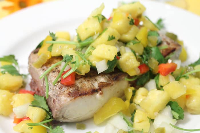 Grilled Mahi Mahi with Pineapple Salsa closeup | 2 Cookin Mamas