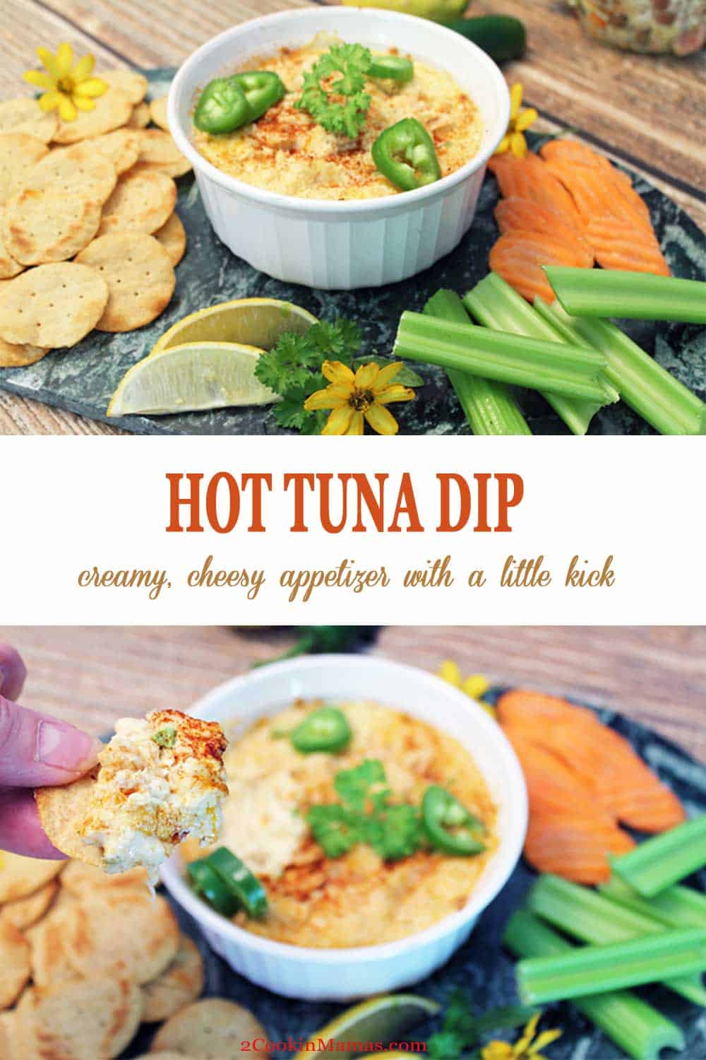 Hot Tuna Dip | 2 Cookin Mamas Alert! Our Hot Tuna Dip is addictive! Creamy, cheesy & easy to make, it's the perfect party appetizer. They'll be begging for more! #recipe #appetizer #dip #fishdip #tunafish