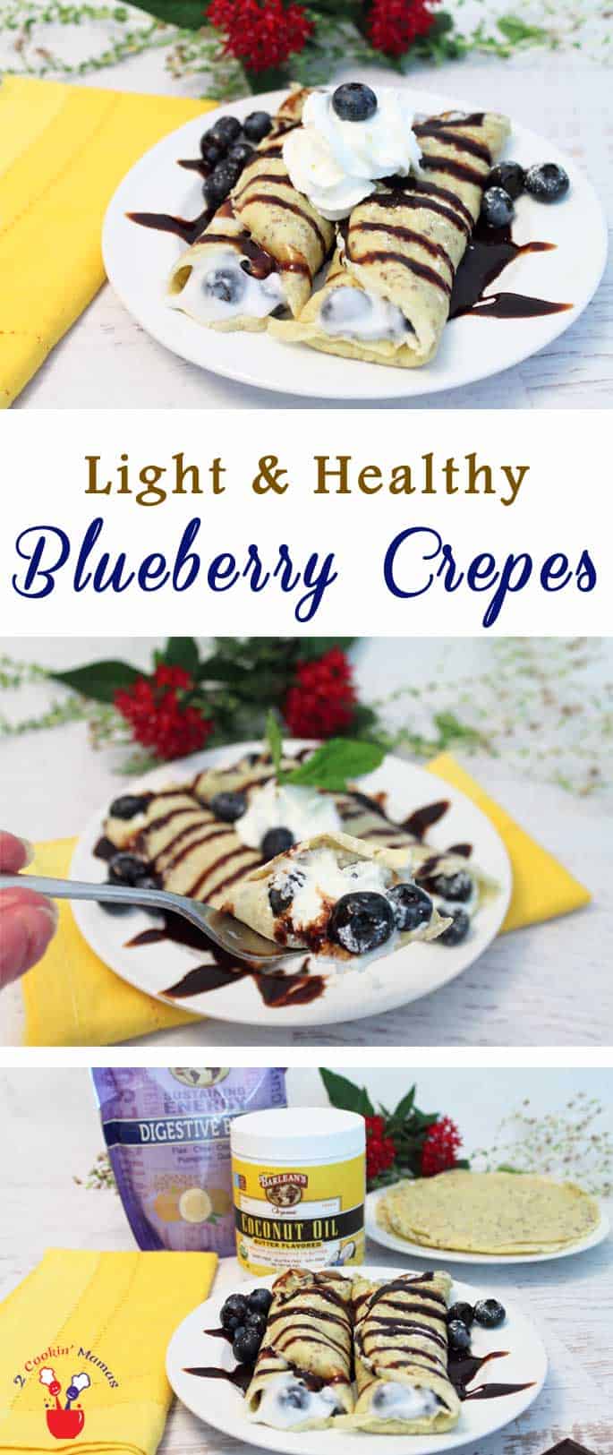 A decadent dessert that's good for you! Healthy blueberry crepes, made with seeds & grains, are filled with blueberries & yogurt & drizzled with chocolate. #recipe #crepes #dessert #healthy #blueberries #glutenfree