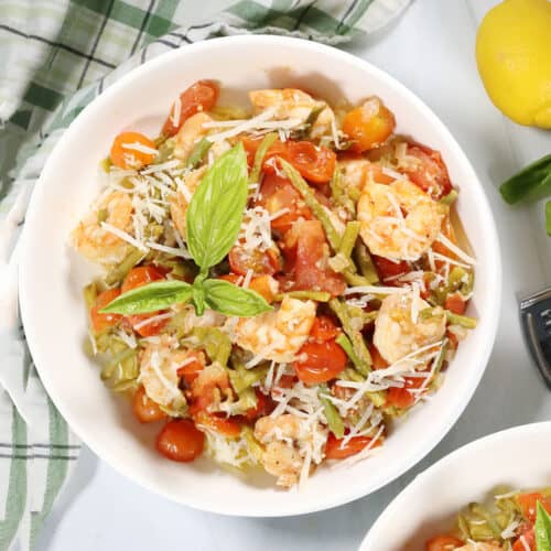 Bowlful of Spaghetti Squash Primavera with shrimp.