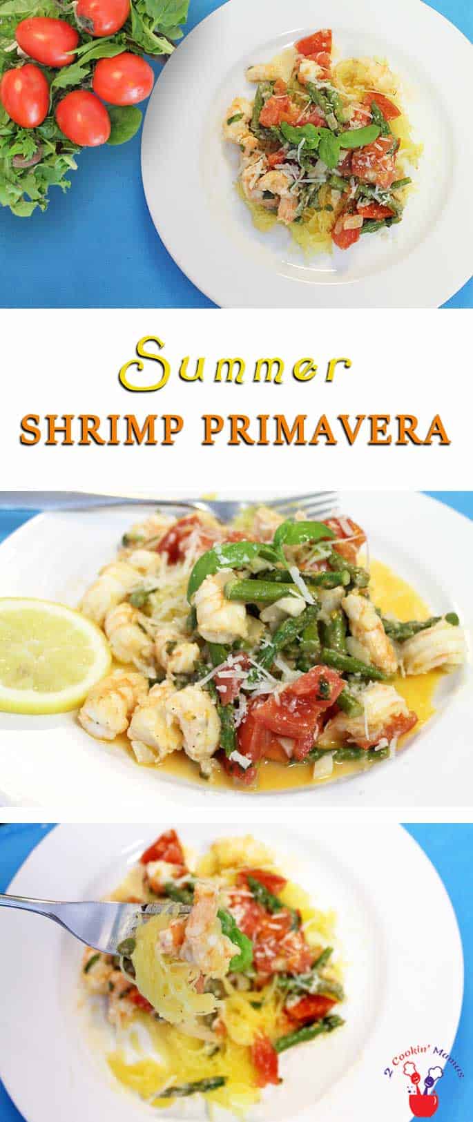 A light summertime dinner recipe! Summer Shrimp Primavera is full of seasonal vegetables & shrimp,tossed in lemon wine broth & served over spaghetti squash.