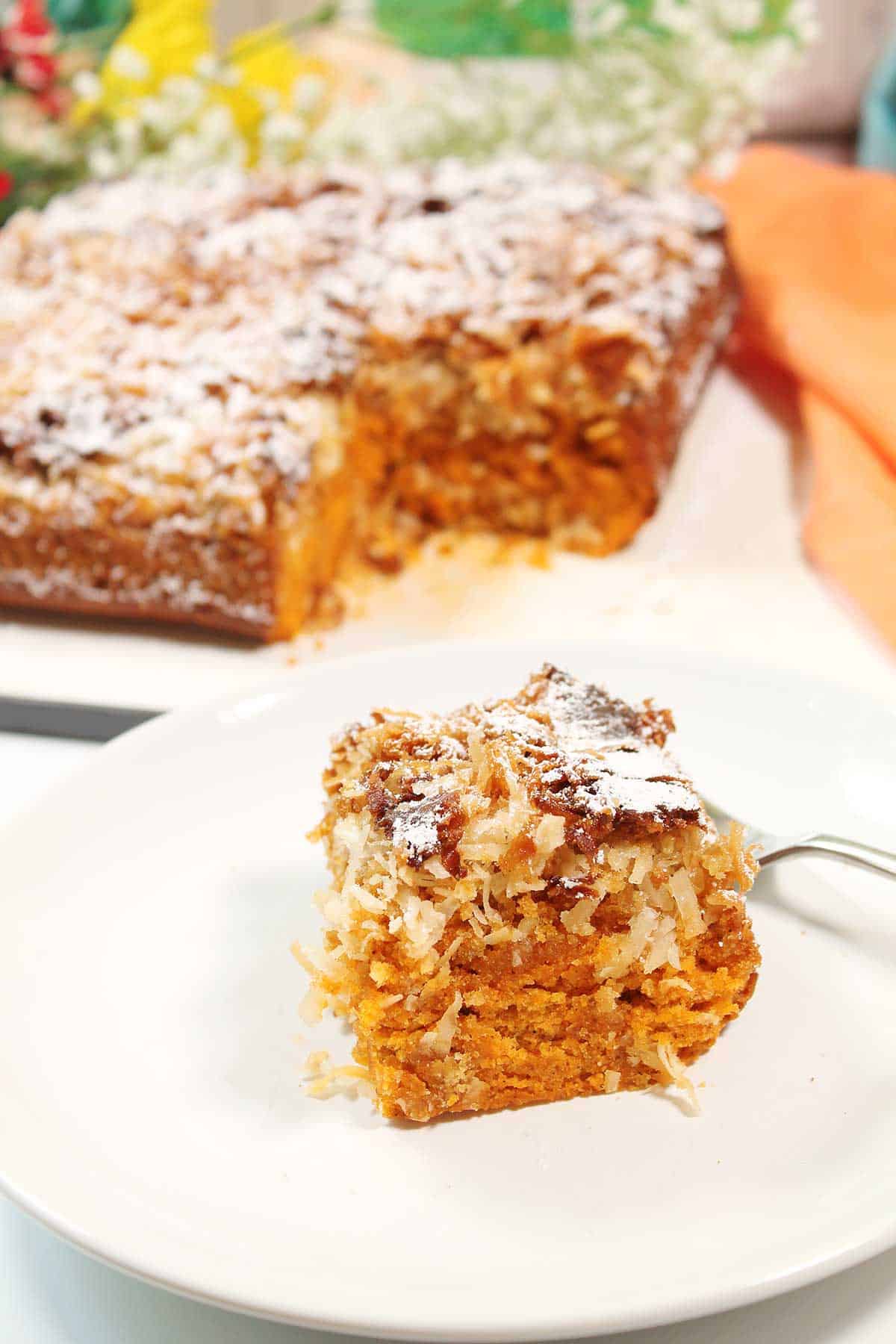 Tomato Soup Cake 1950 with slice on plate.