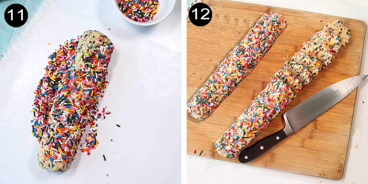 Steps to roll dough into logs and cover with sprinkles.