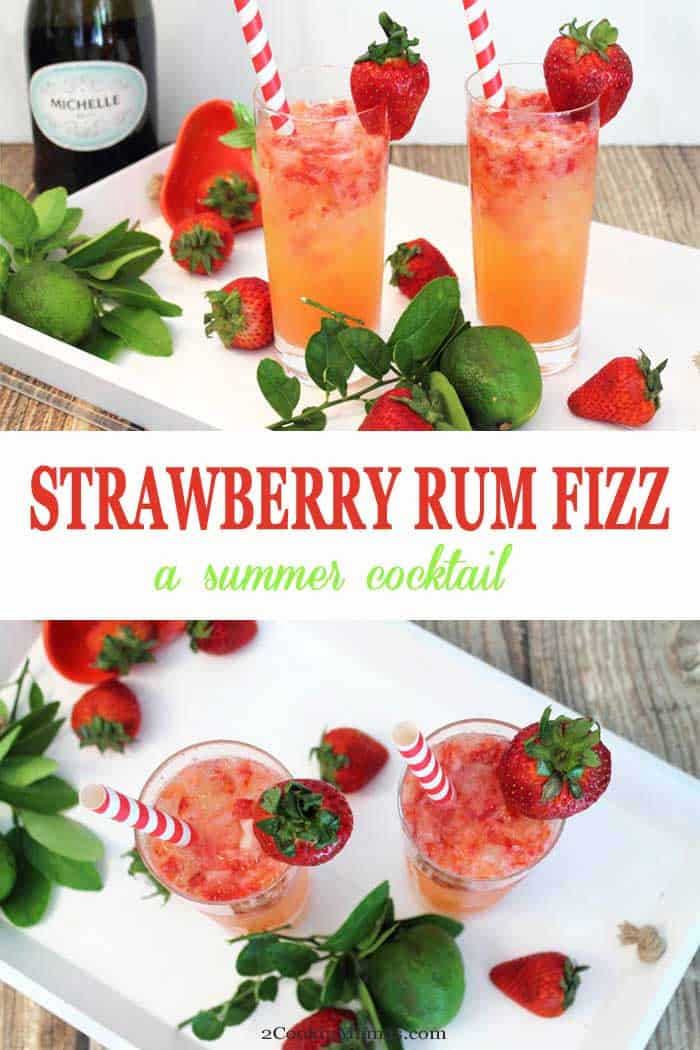Summer never tasted so good! This easy Strawberry Rum Fizz is a mix of strawberries, lime & rum topped with a little bubbly. It's a light, refreshing cocktail for breakfast, brunch or any time. #cocktail #strawberry #rum #recipe #summercocktail #champagne