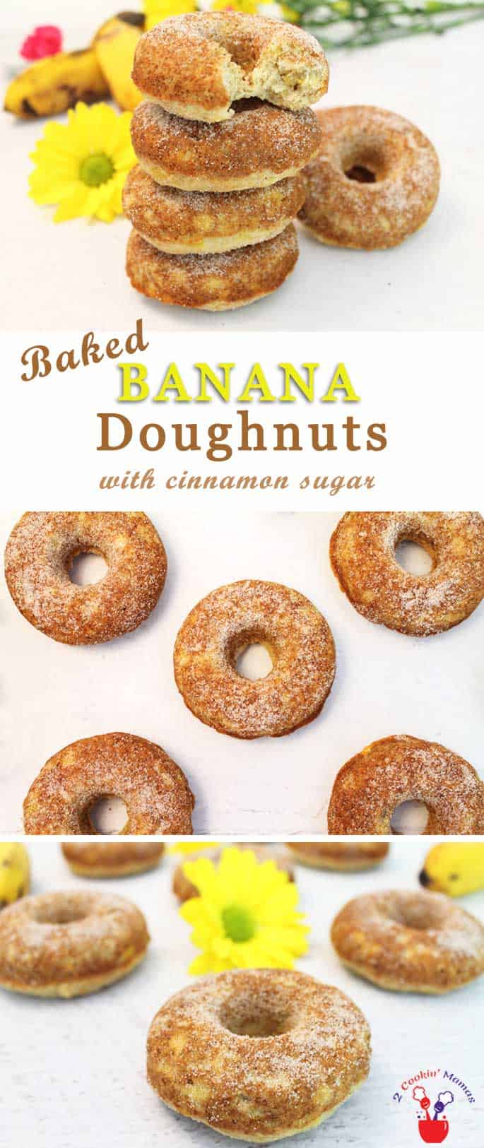 Moist, flavorful banana doughnuts are baked not fried then dusted with cinnamon sugar. A healthier option for breakfast or a snack. #doughnuts #donuts #bananas #healthybreakfast #recipe