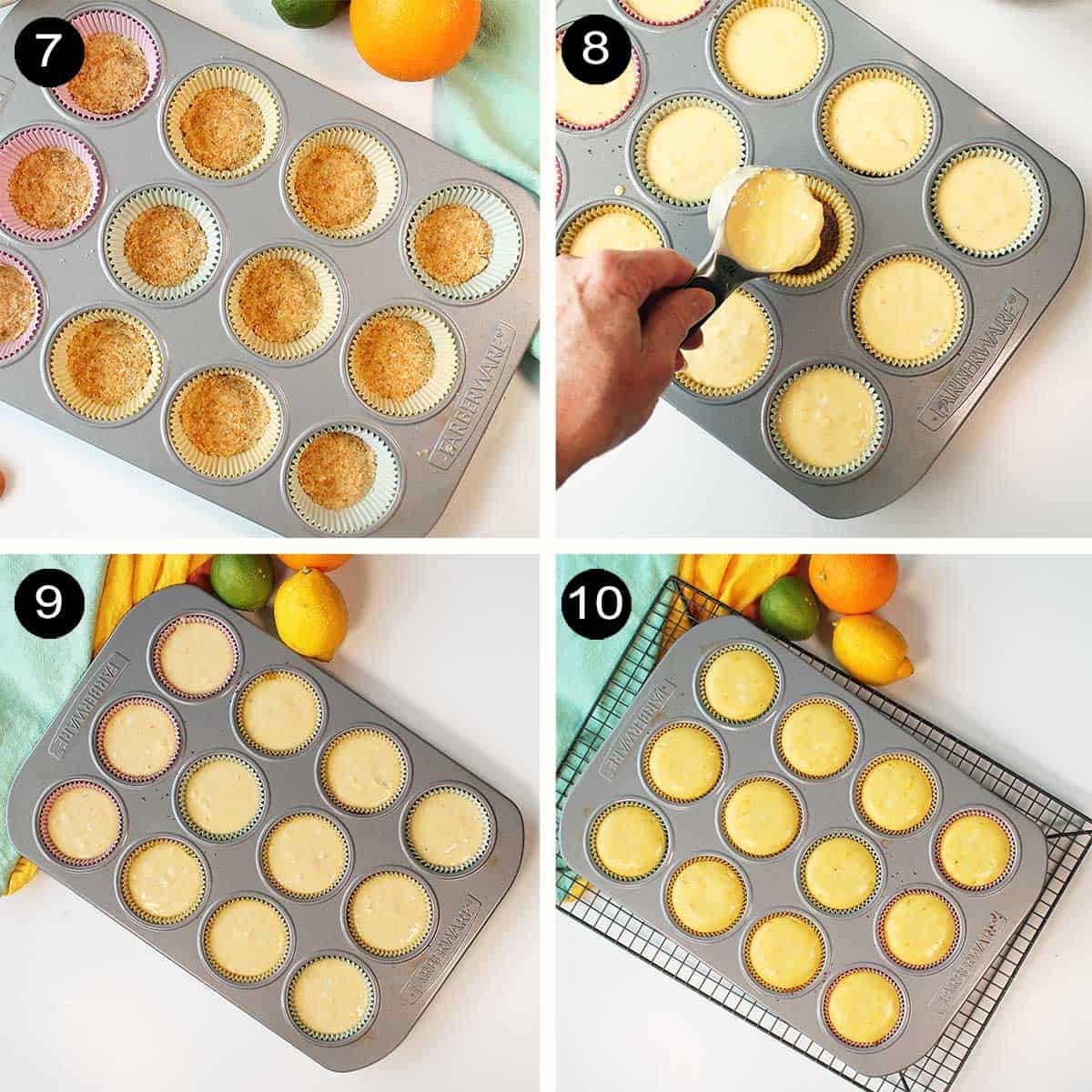 Steps to fill and bake honey cheesecakes.