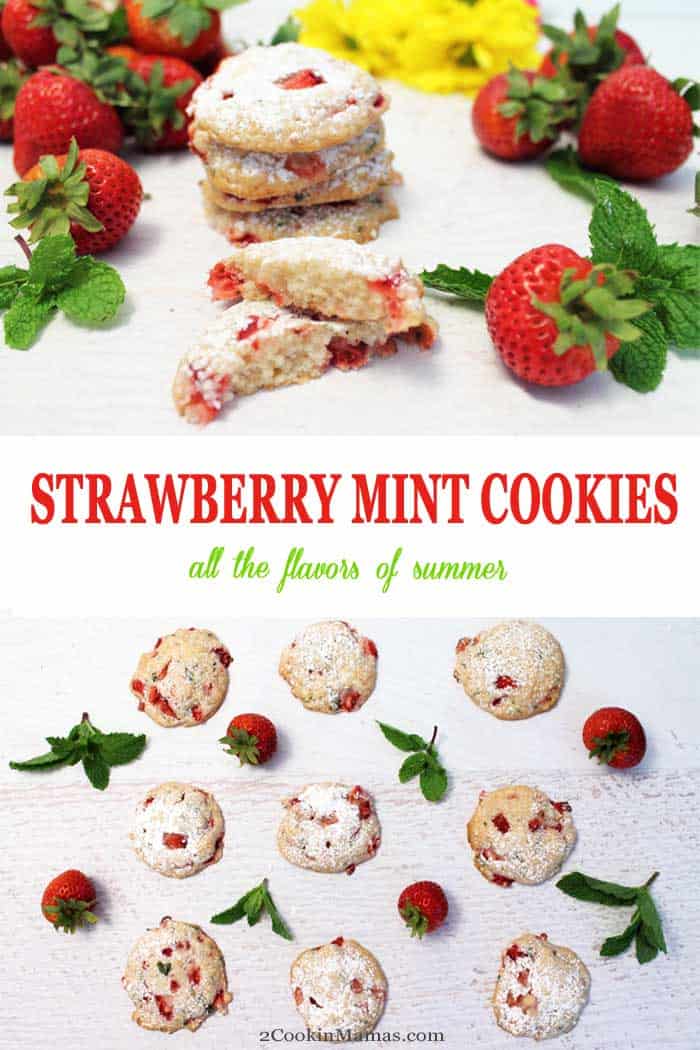 Strawberry Mint Cookies | 2 Cookin Mamas These Strawberry Mint Cookies are soft & rich & packed full of the season's freshest, juiciest strawberries with just a hint of mint. Bet you can't eat just one! #cookies #strawberries #mint #recipe #summer