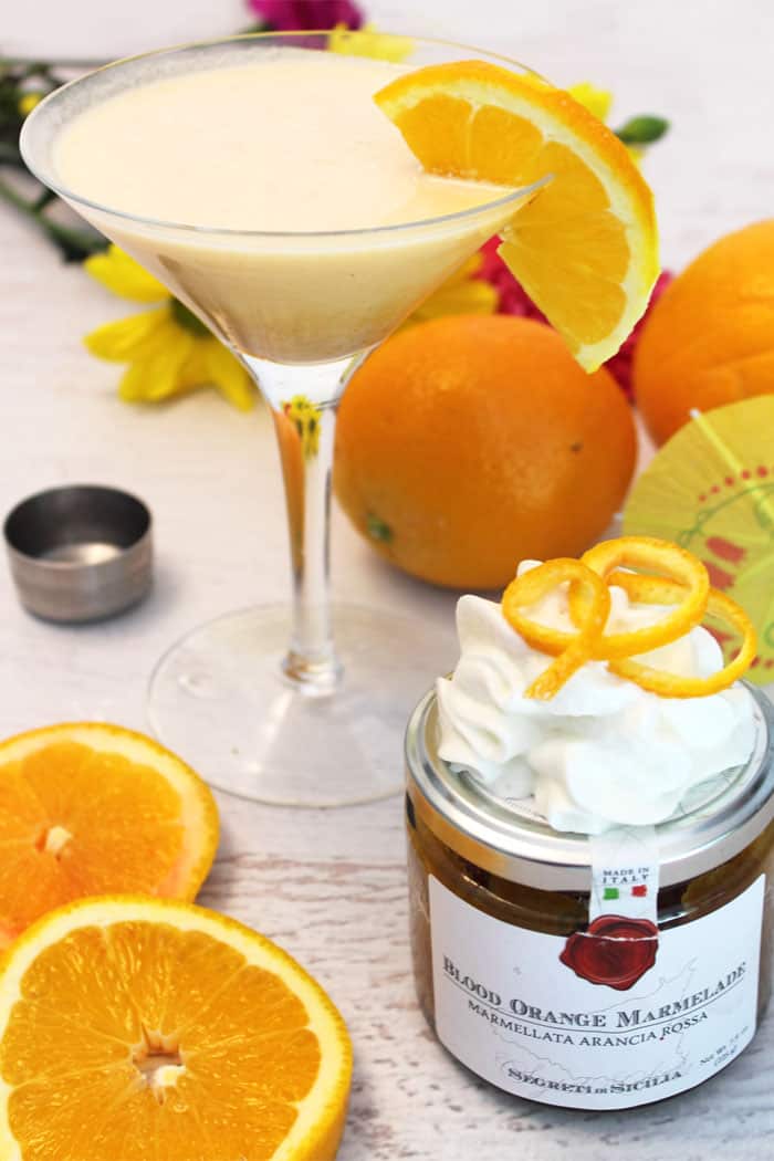 Blood Orange Martini with orange marmalade jar.